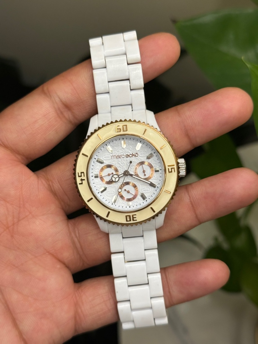 Marc Ecko White Ceramic Watch with Gold Bezel women’s light weight watch